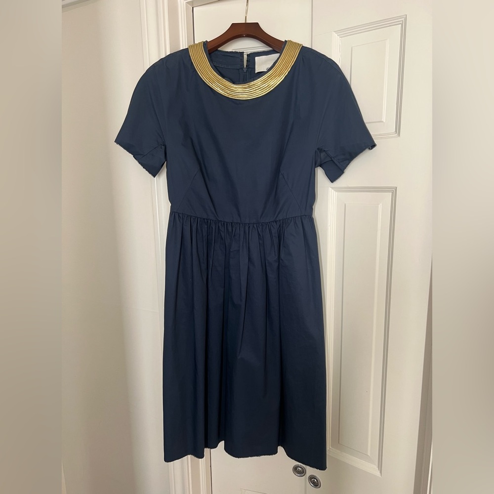 3.1 Phillip Lam Navy Blue Dress with Gold Collar. Size 4